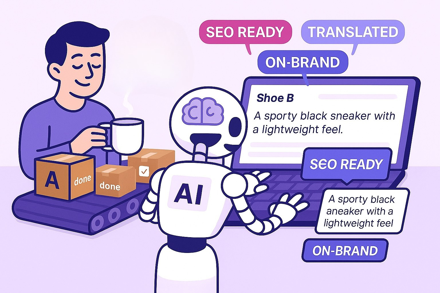 AI robot generating product descriptions while a human drinks coffee, with labels like SEO ready and translated
