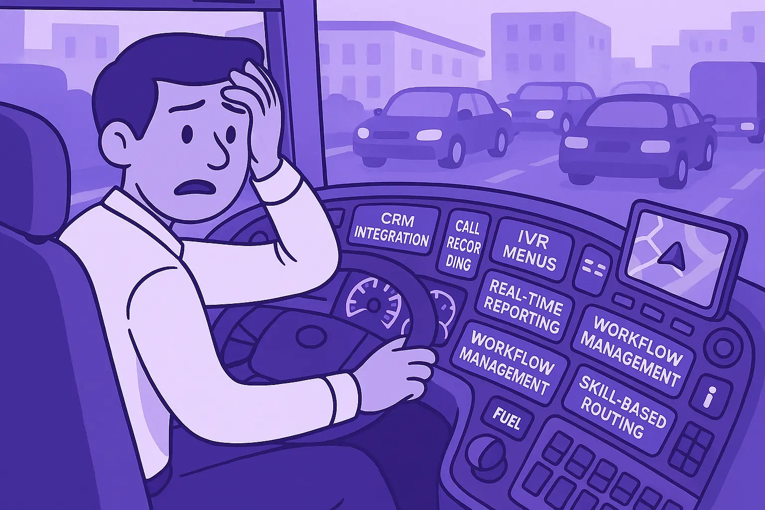Cartoon illustration of a bus driver overwhelmed by a dashboard full of complex customer support features.