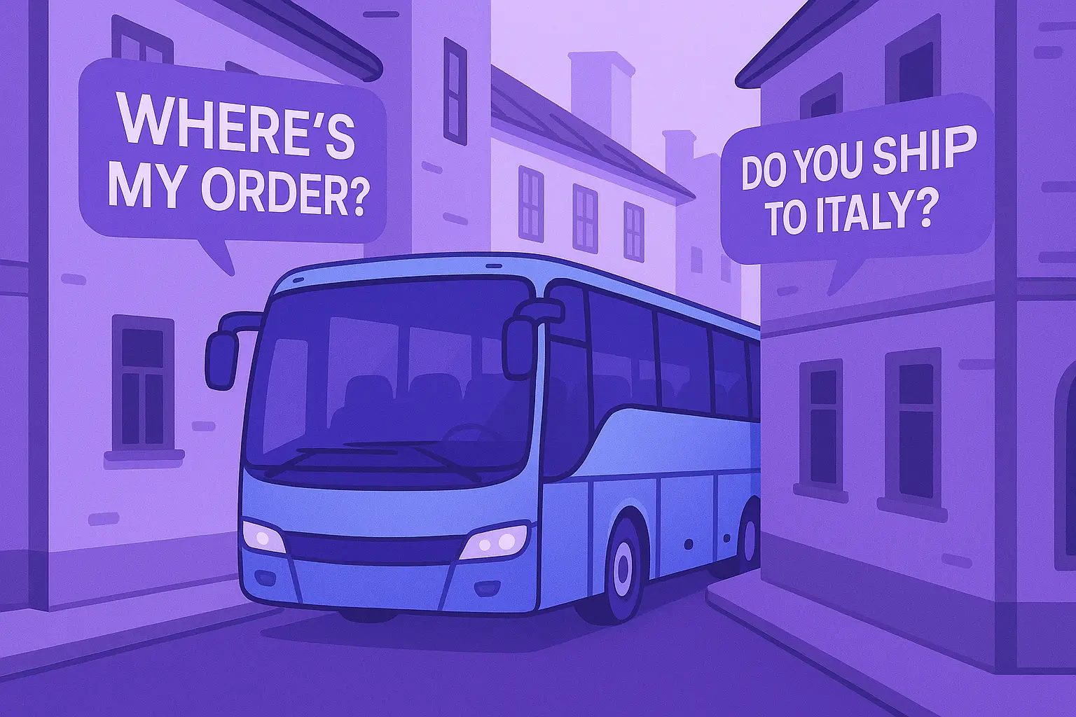 Illustration of a large bus stuck between narrow streets, symbolizing oversized customer support software.