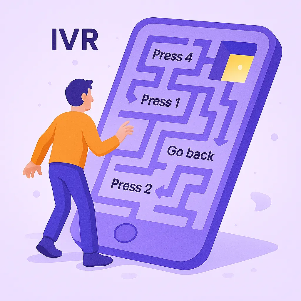 Illustration of a frustrated customer navigating a maze-shaped IVR menu on a giant phone screen.