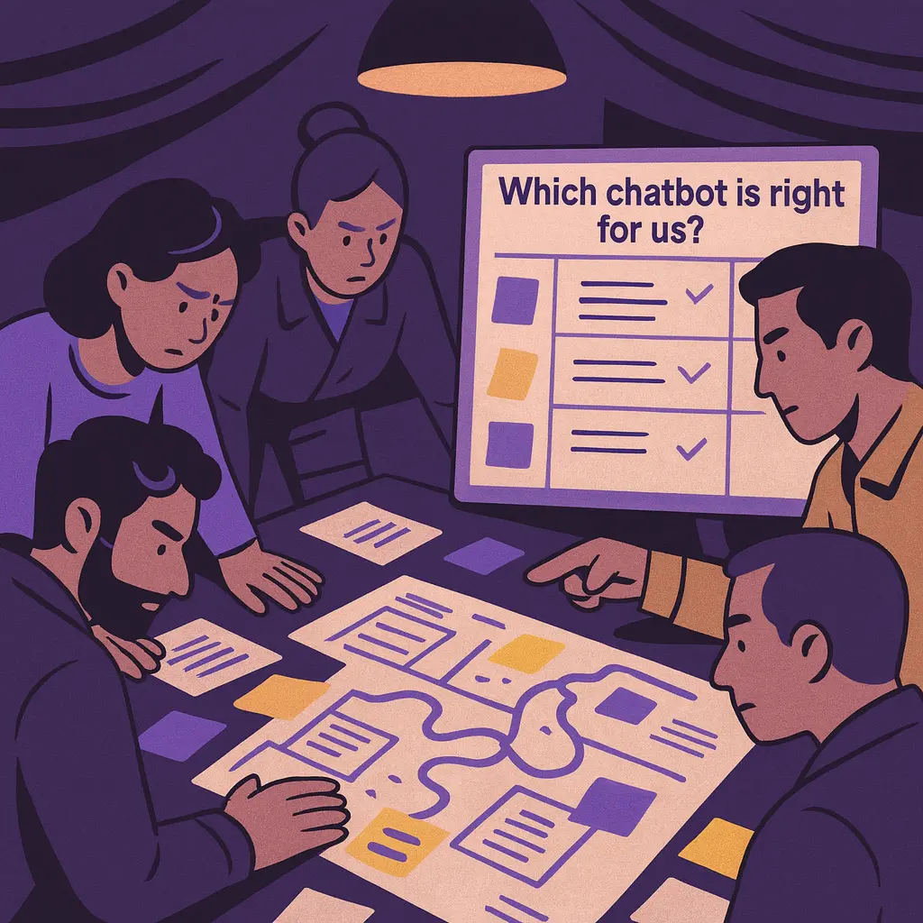 A team of ecommerce professionals huddled over a strategy table, analyzing chatbot options like a military war room operation.