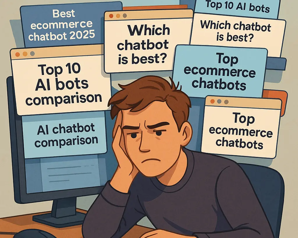 A frustrated person sitting at a desk, surrounded by dozens of browser tabs comparing chatbot solutions, looking overwhelmed.