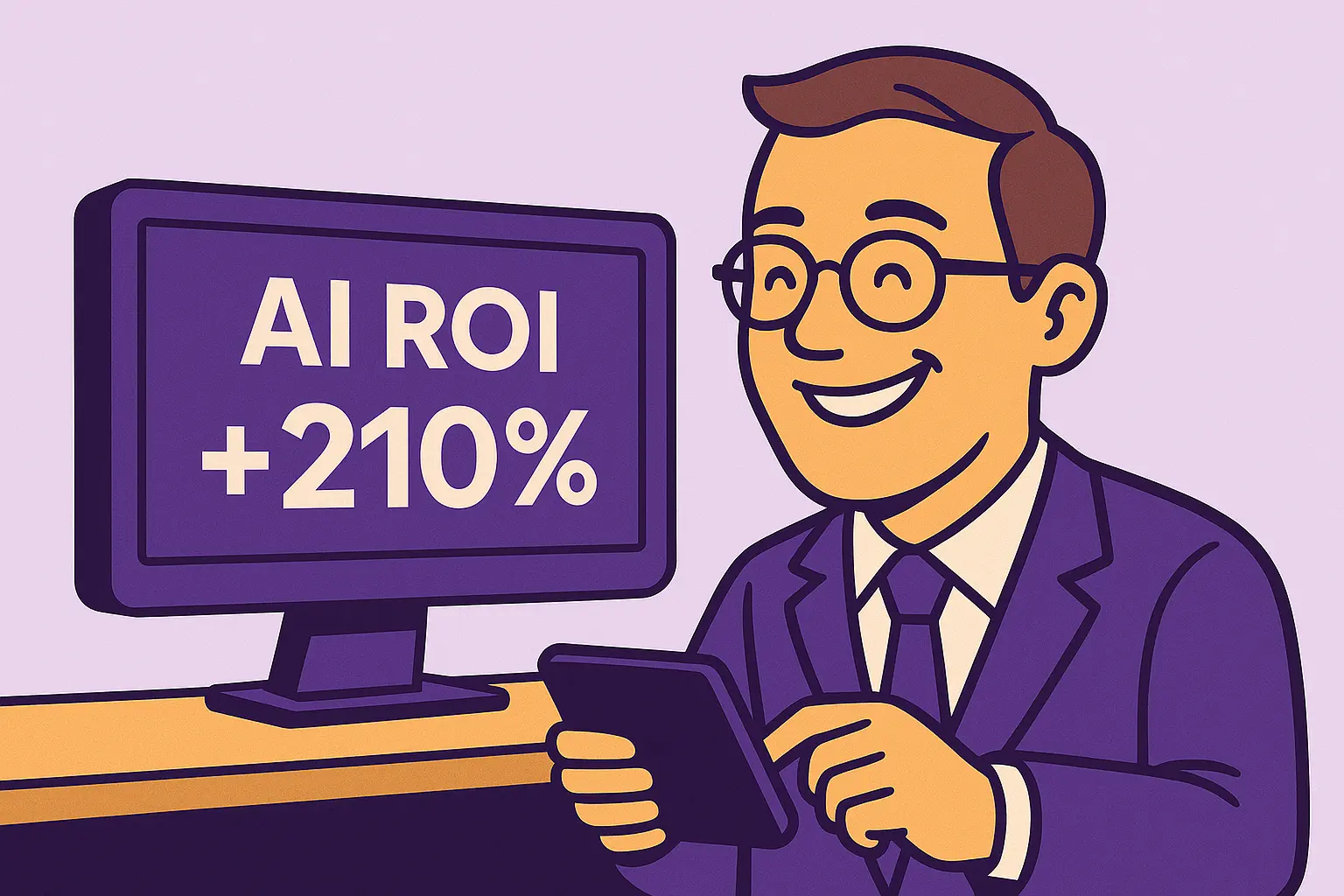 Flat digital illustration of a smiling CFO looking at a screen showing “AI ROI +210%,” representing measurable business success.