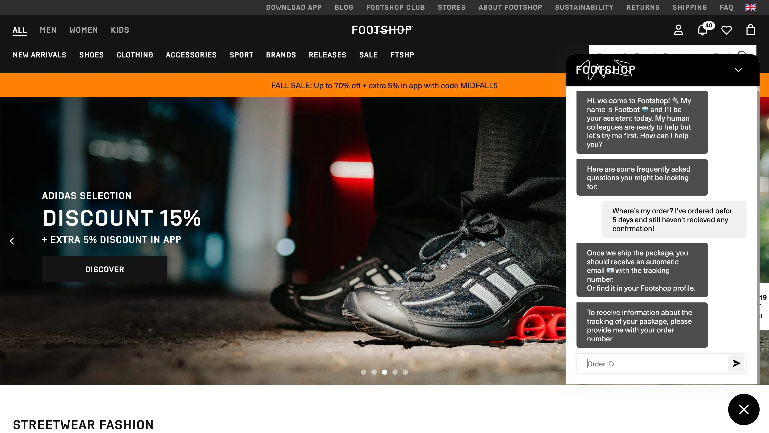 Screenshot of Footshop website showing an AI chatbot answering a “Where is my order?” question to demonstrate real-world automation.