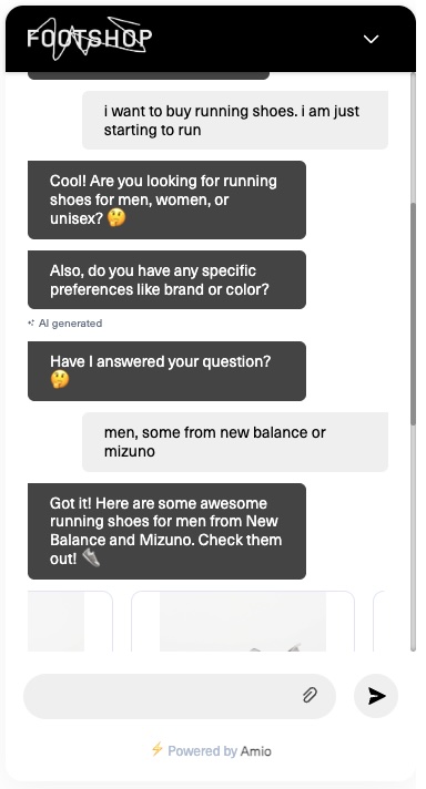 The AMIO AI chatbot on the Footshop website chatting with a customer about running shoes, asking about brand and gender preferences, and recommending products from New Balance and Mizuno.