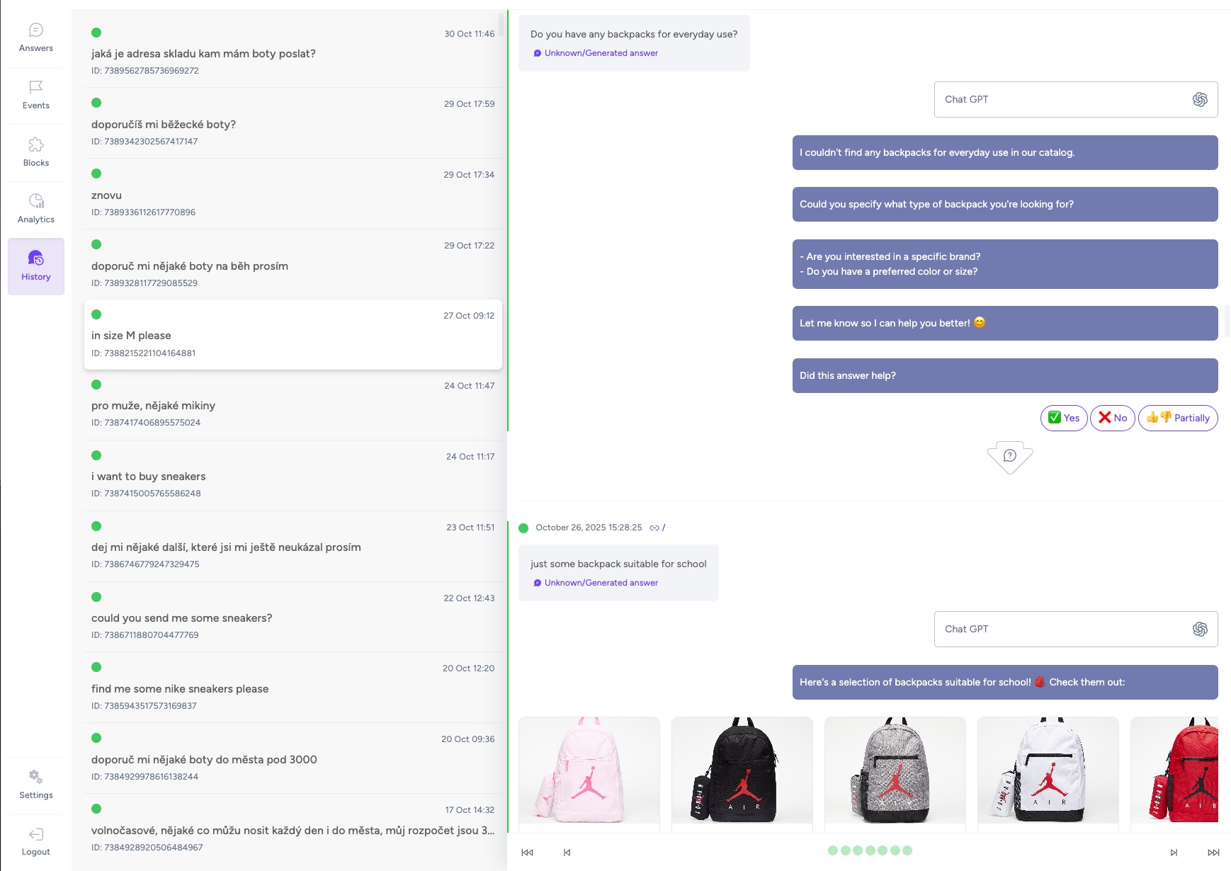 AMIO application’s chat history dashboard showing customer conversations, chatbot responses, and a product carousel with Jordan backpacks.