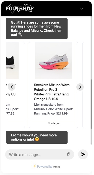 AMIO chatbot on the Footshop website recommending men’s running shoes in a product carousel with images, prices, and a “Buy Now” button.