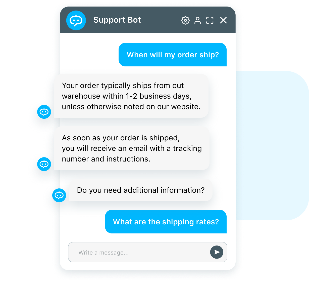 Example of a support chatbot answering customer questions about order shipping.