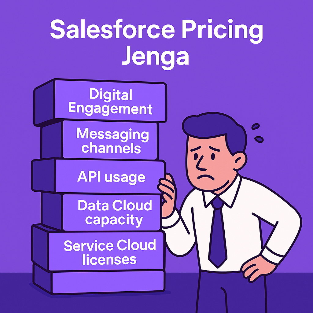 Illustration of a worried man looking at a Jenga tower labeled with Salesforce pricing components.