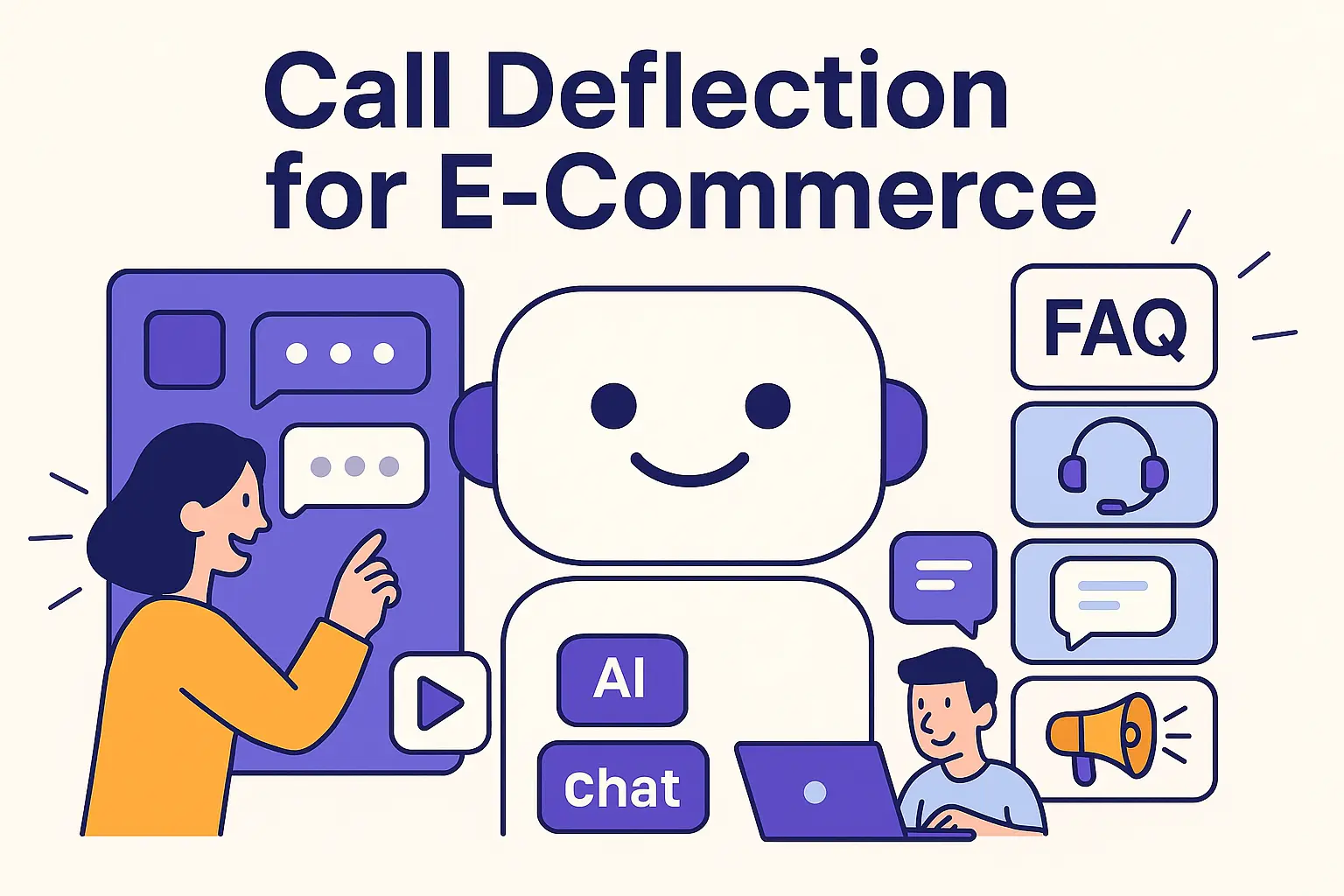 Header illustration showing an AI assistant alongside chat bubbles, FAQ icons and digital support tools representing call deflection in e-commerce.