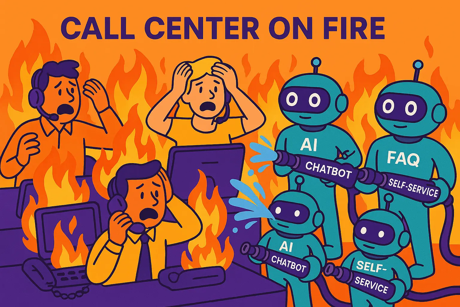 Illustration of a chaotic call center on fire while AI chatbots and self-service tools put out the flames, symbolizing how digital channels reduce call volume.