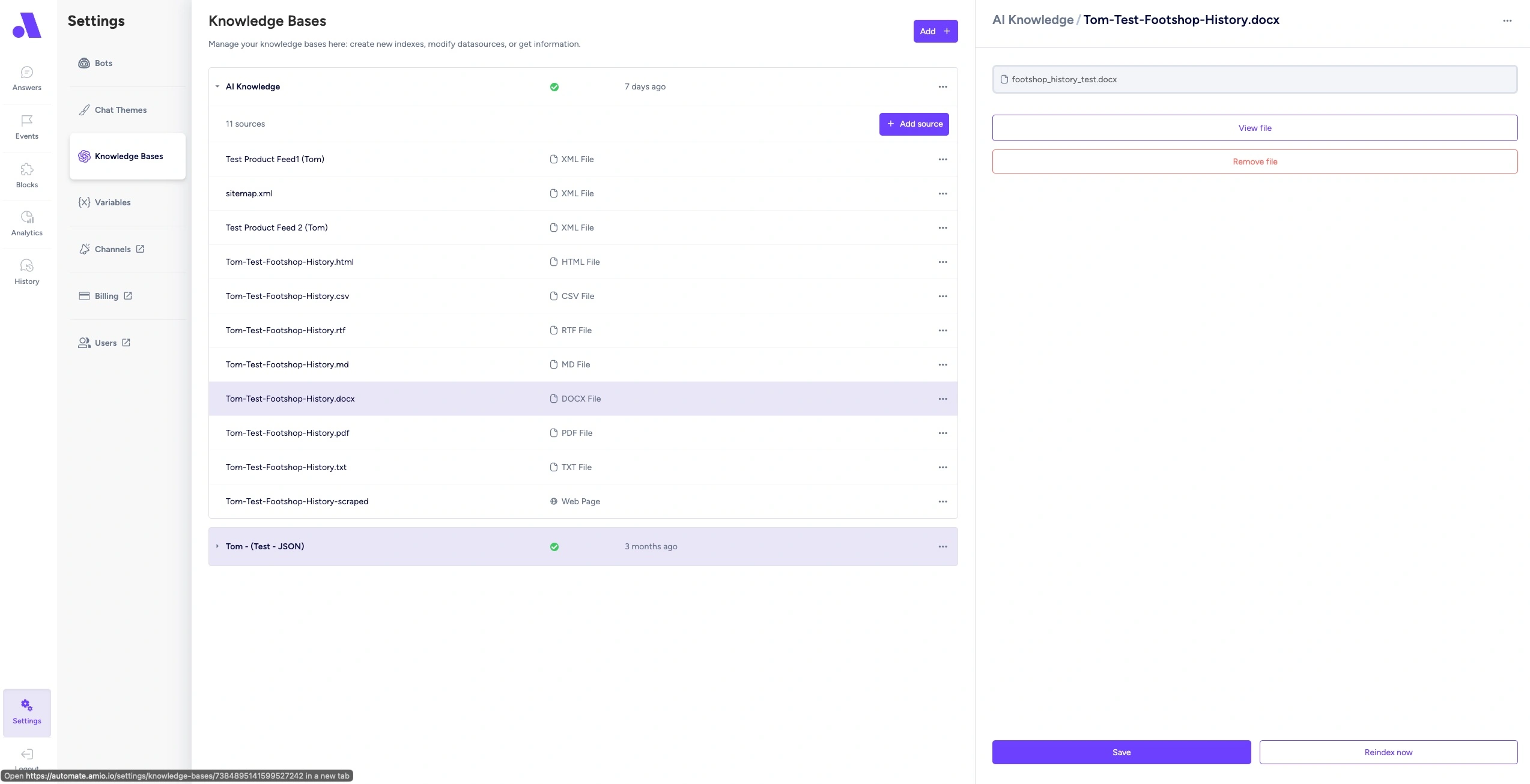 AMIO chatbot knowledge base setup with uploaded knowledge files and connected product feed