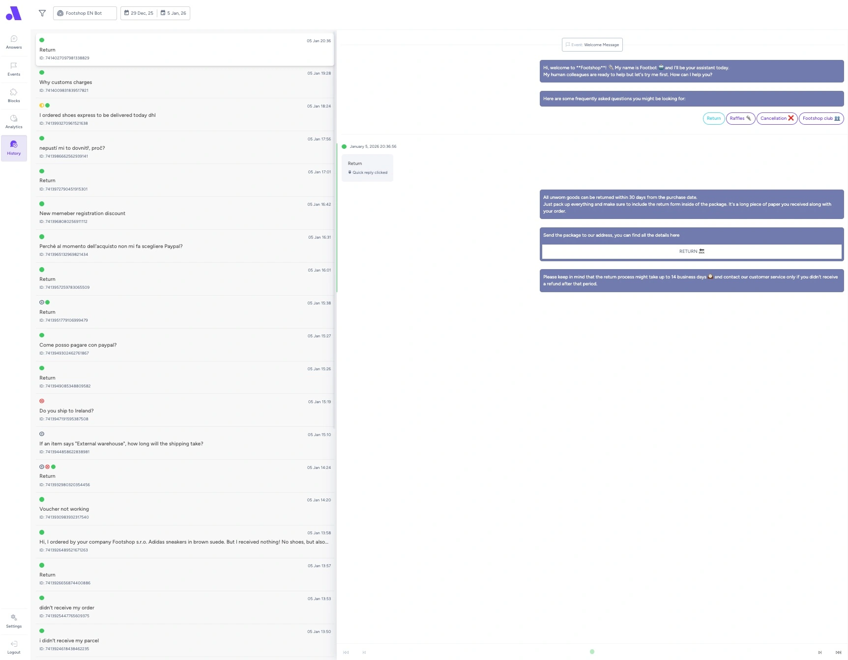 AMIO dashboard showing complete chatbot conversation history with customer messages and automated responses