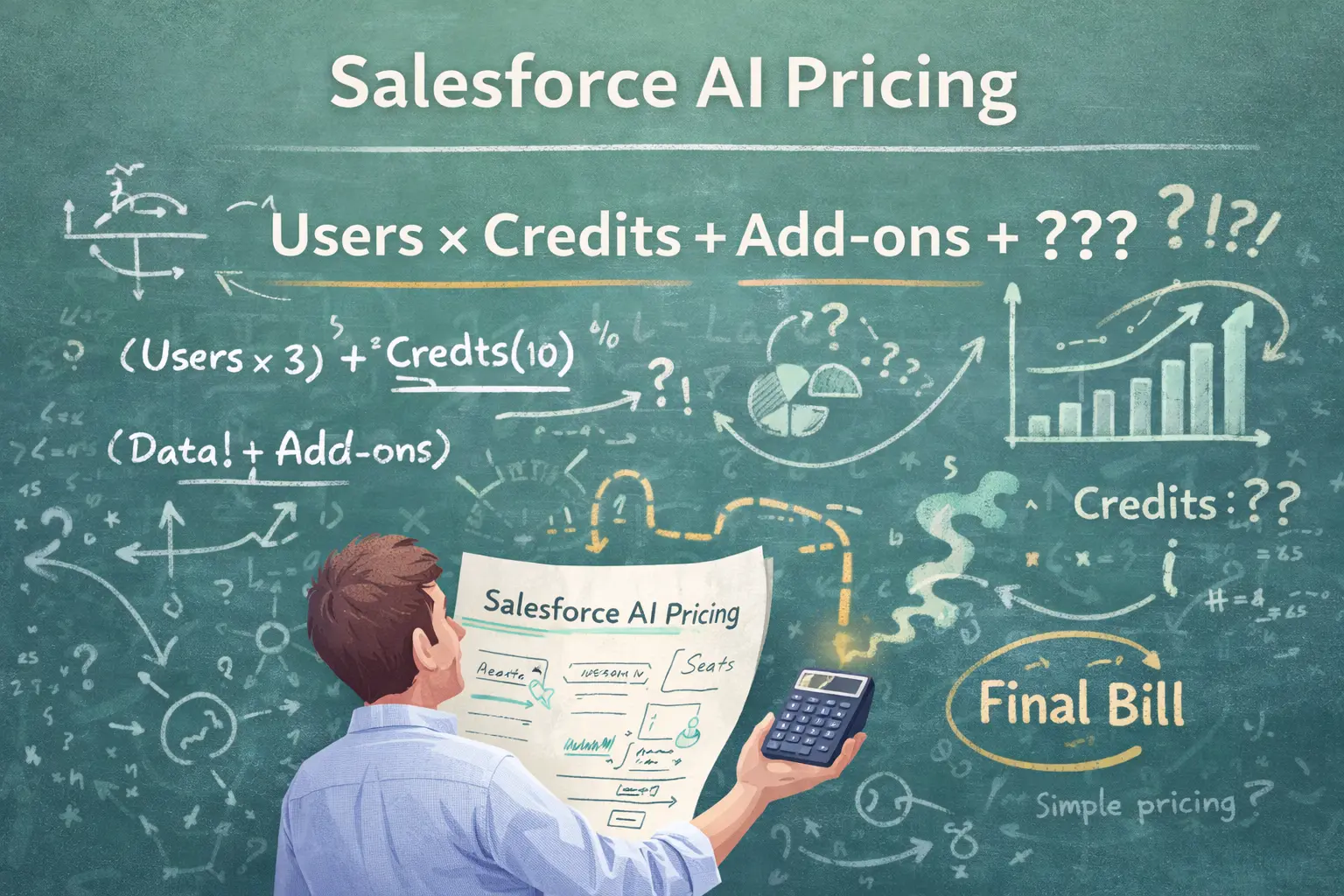 Salesforce AI pricing shown as a complex equation with users, credits, add-ons and an unclear final bill
