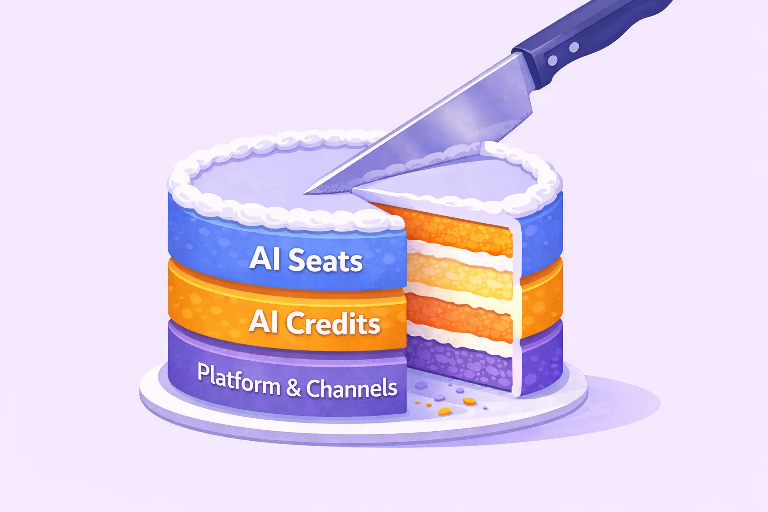 Salesforce AI pricing explained as a layered cake showing AI seats, AI credits, and platform and channel add-ons.