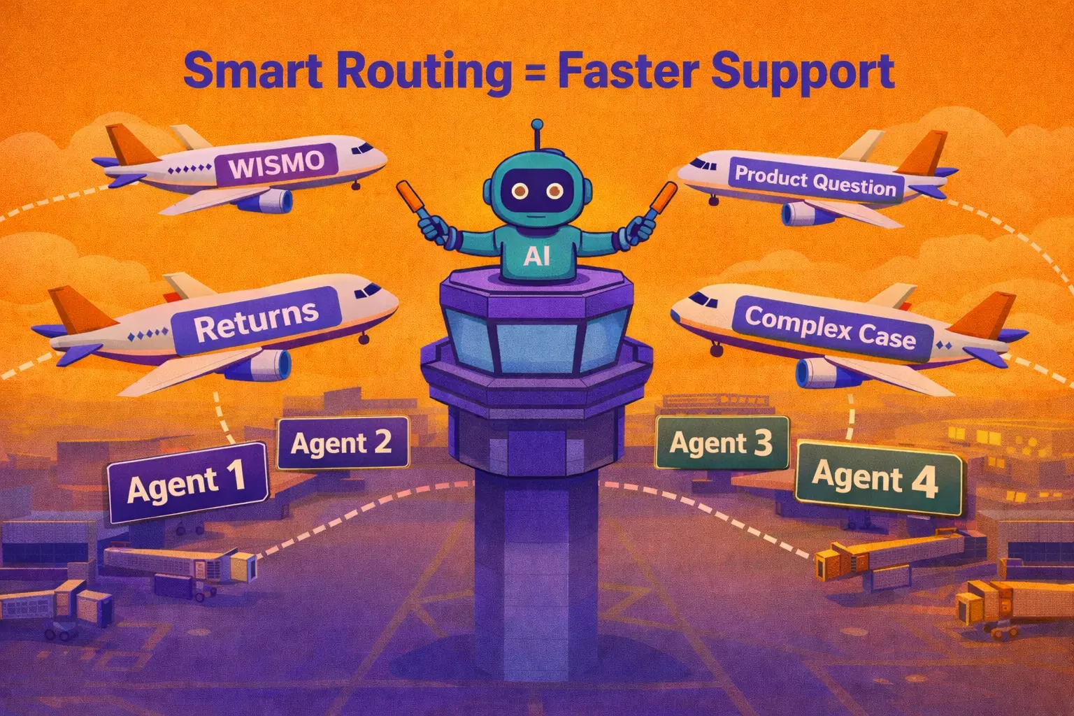 AI-powered smart routing in live chat support directing WISMO, returns, product questions and complex cases to the right support agents