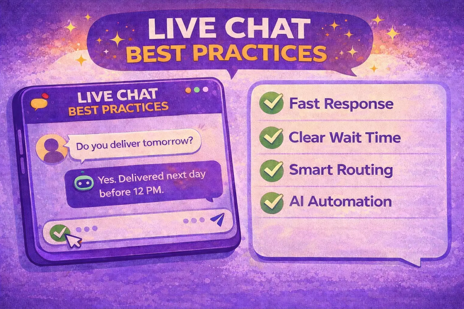 Live chat best practices illustration showing fast response, clear wait time, smart routing and AI automation inside a chat window