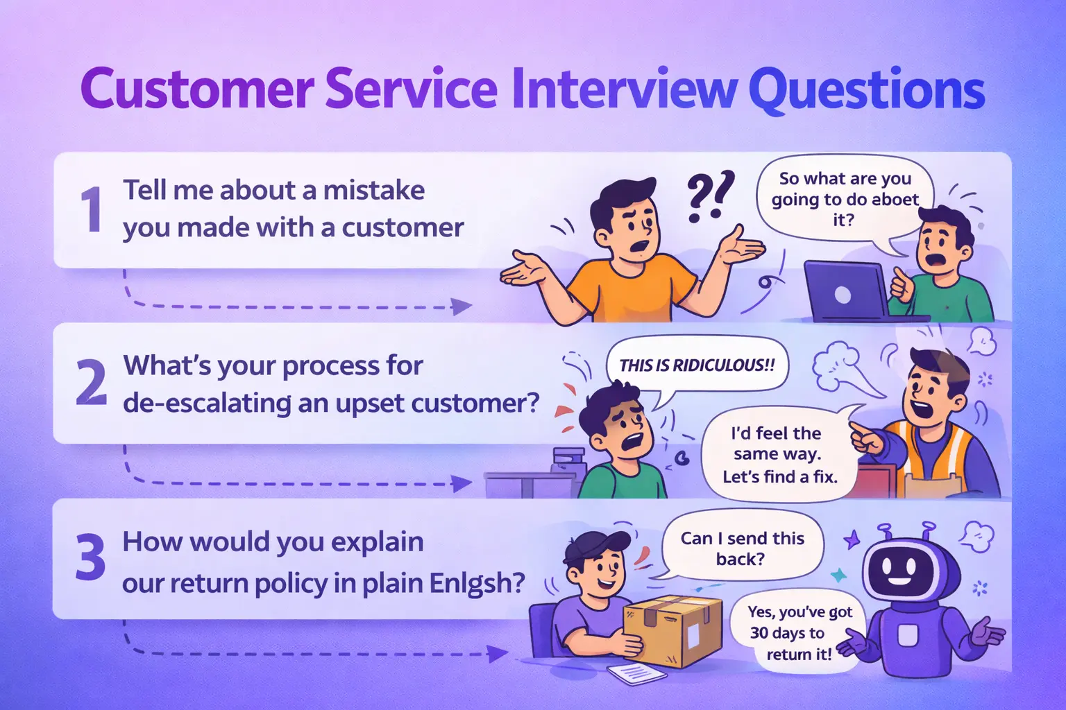 Customer service interview questions illustrated with examples about mistakes, de-escalation, and explaining return policy
