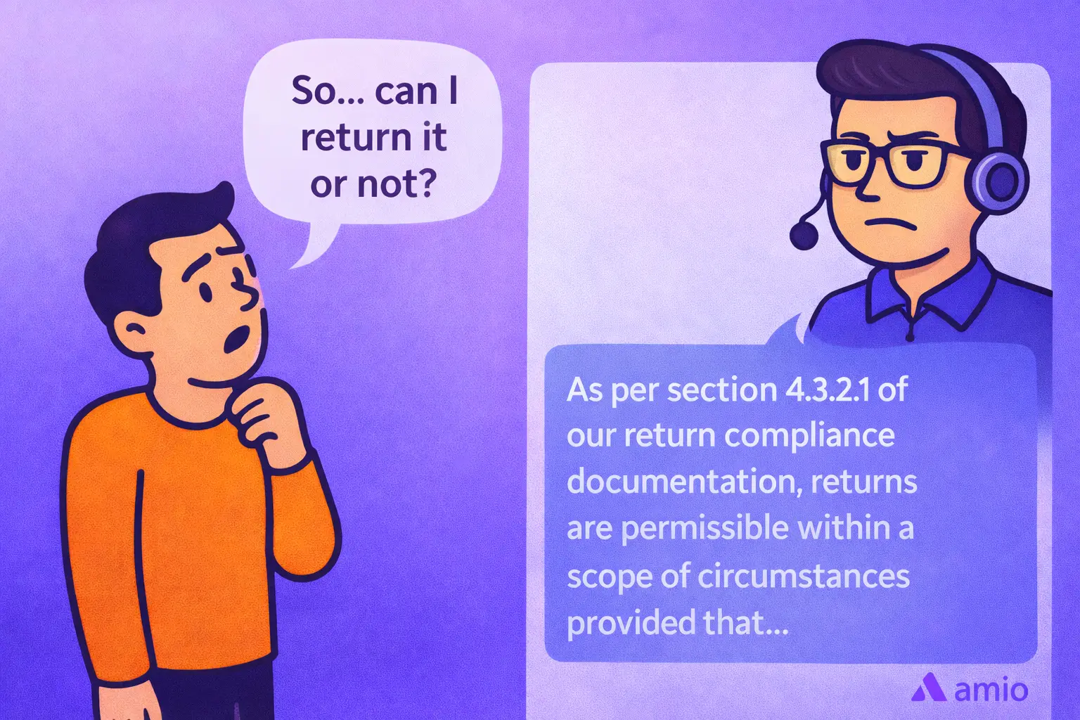 Customer service interview questions illustrated with examples about mistakes, de-escalation, and explaining return policy