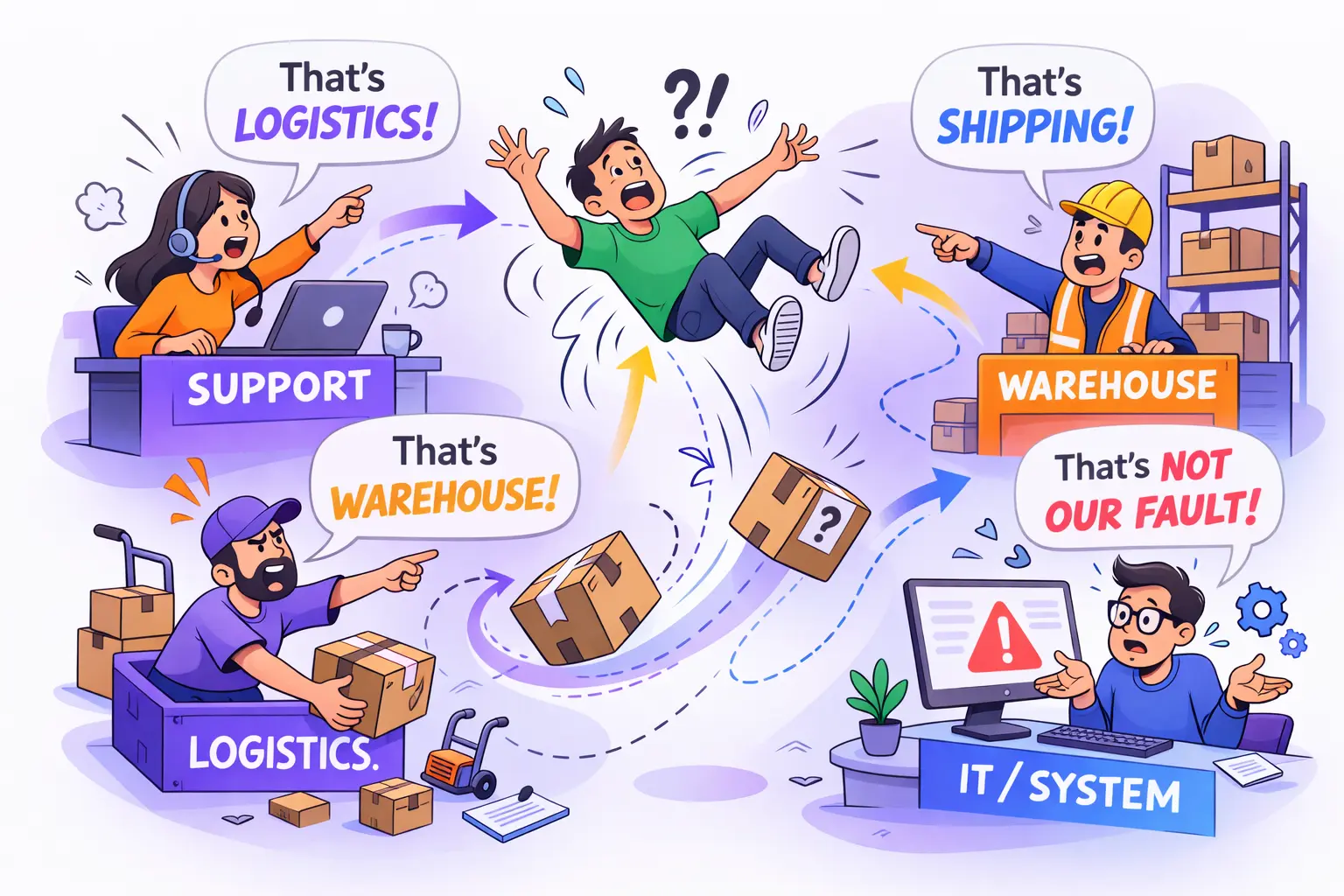 Customer service team passing a frustrated customer between logistics, warehouse and IT departments instead of taking ownership