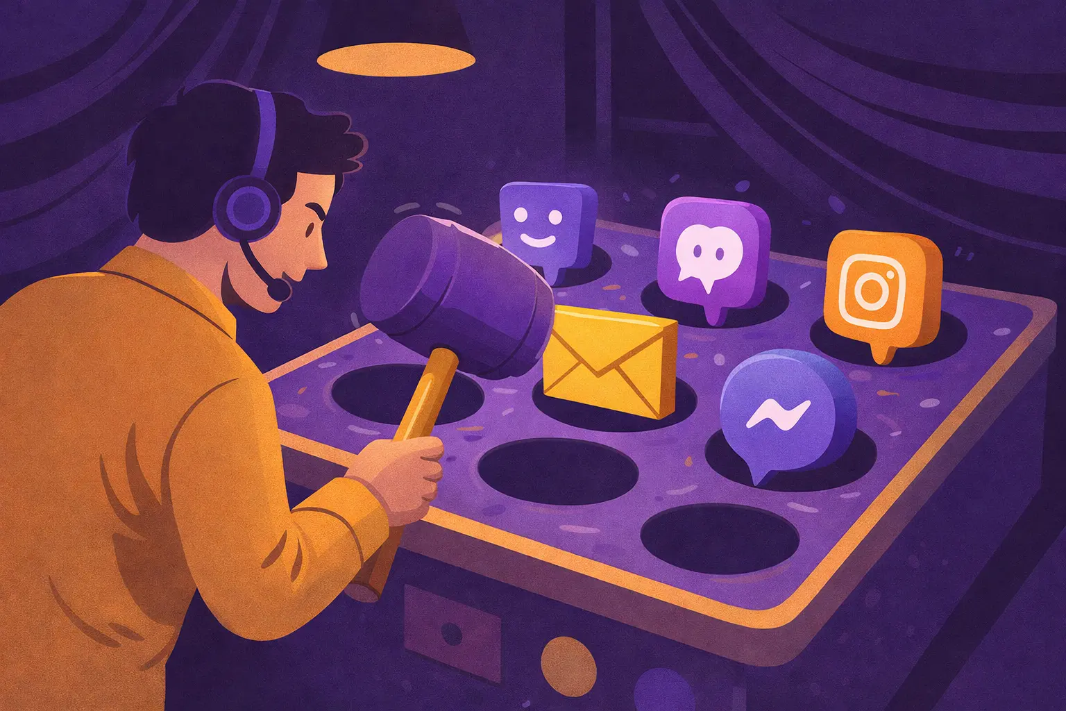 Support agent playing a whack-a-mole game representing scattered customer messages across different communication channels