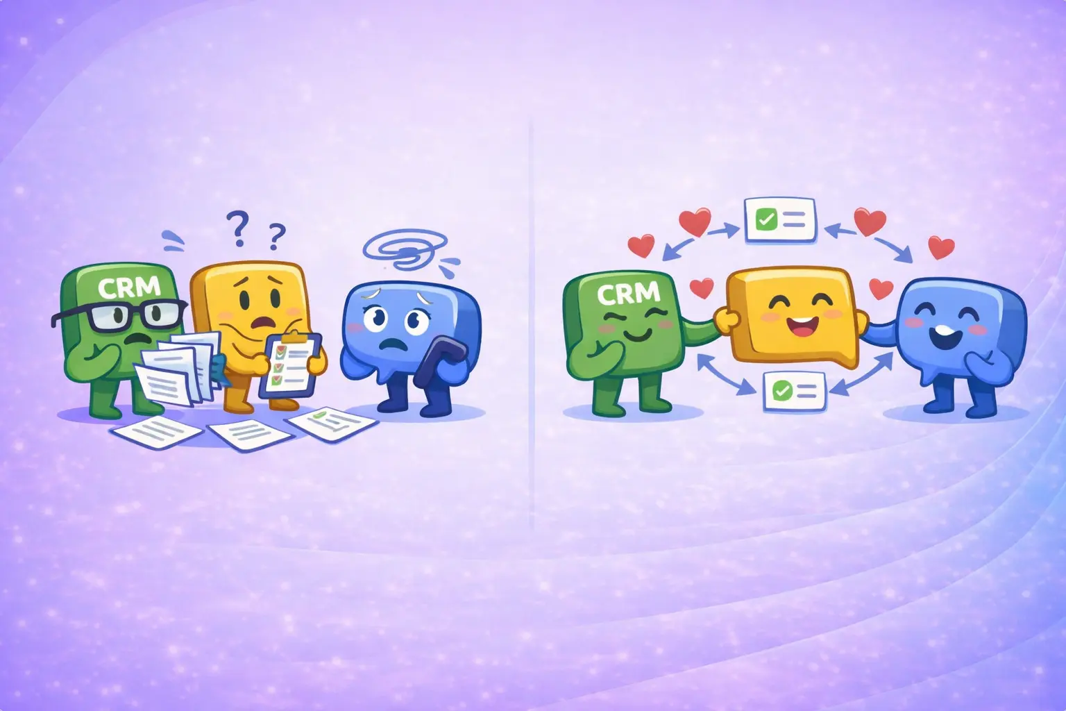 Illustration showing disconnected tools causing confusion versus integrated CRM and communication platforms working together seamlessly