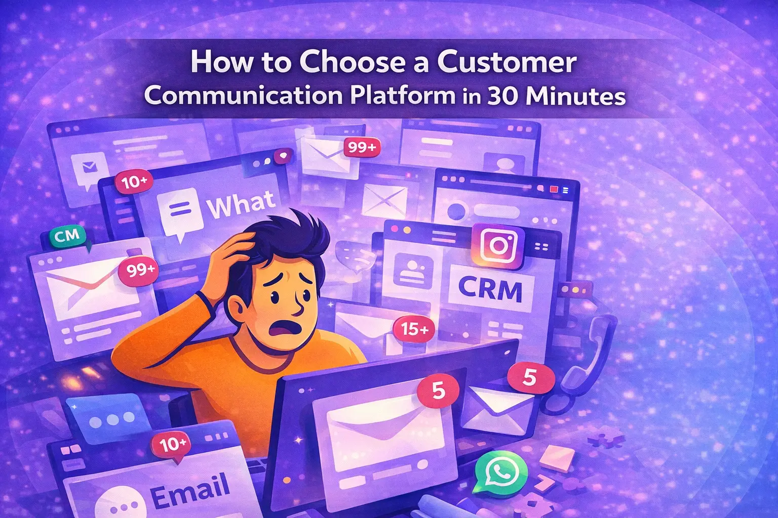 Customer overwhelmed by multiple communication channels including email, chat, CRM, and social media notifications in a chaotic support environment