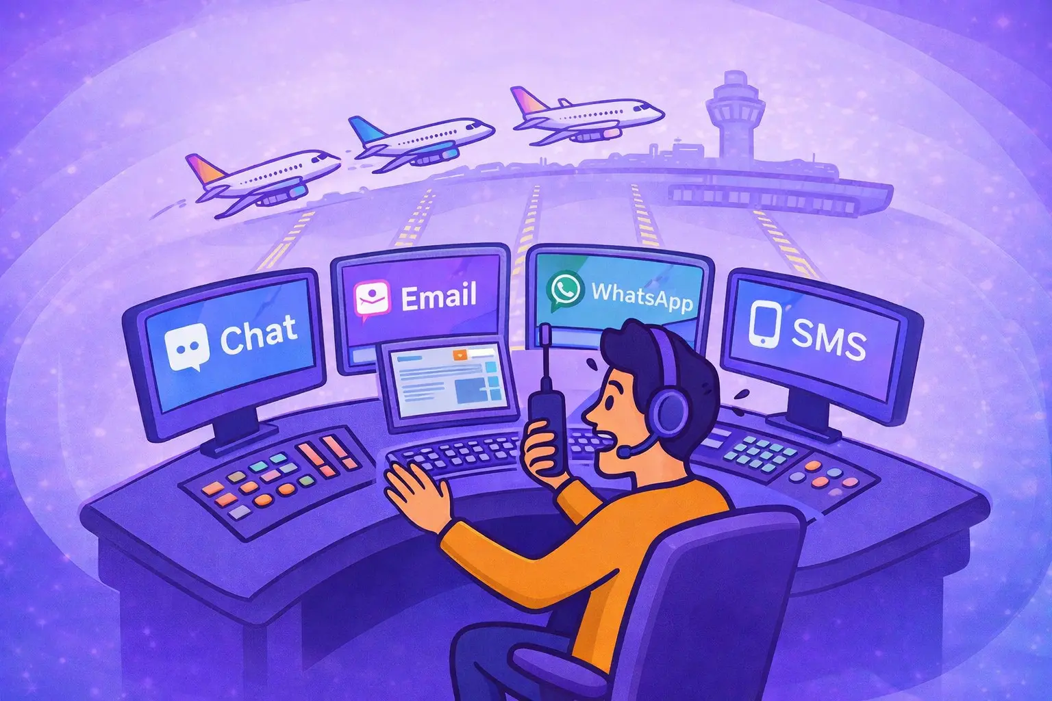 Support agent managing chat, email, WhatsApp, and SMS from a single dashboard like an air traffic controller