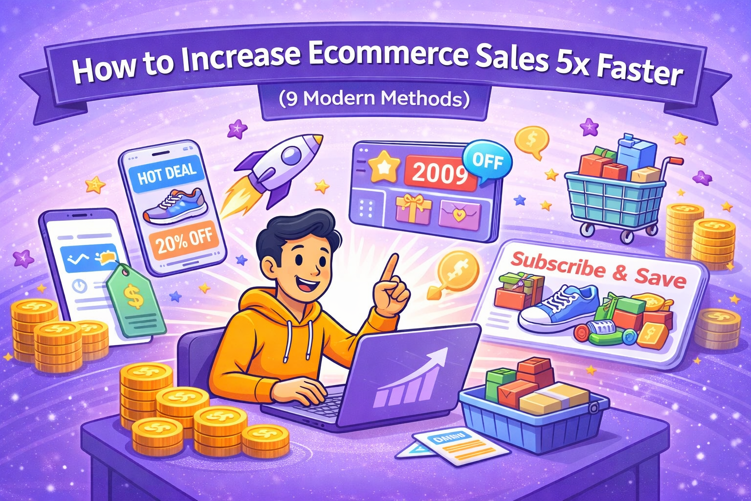 Illustration of ecommerce growth with AI tools, product offers, subscriptions and increasing sales performance