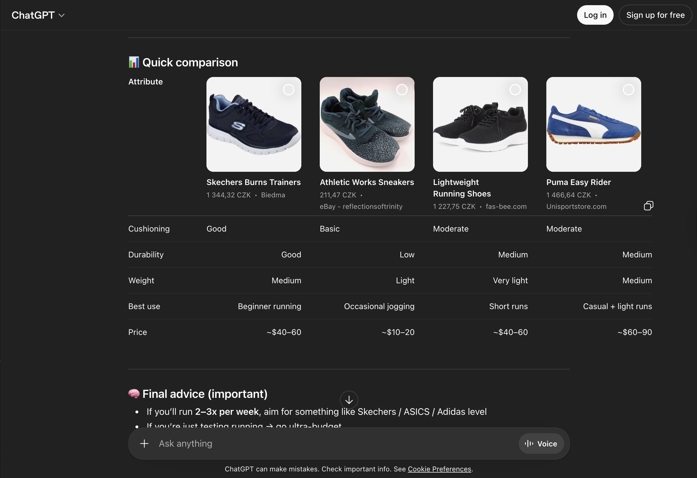 AI-generated product comparison of running shoes showing recommendations based on user query