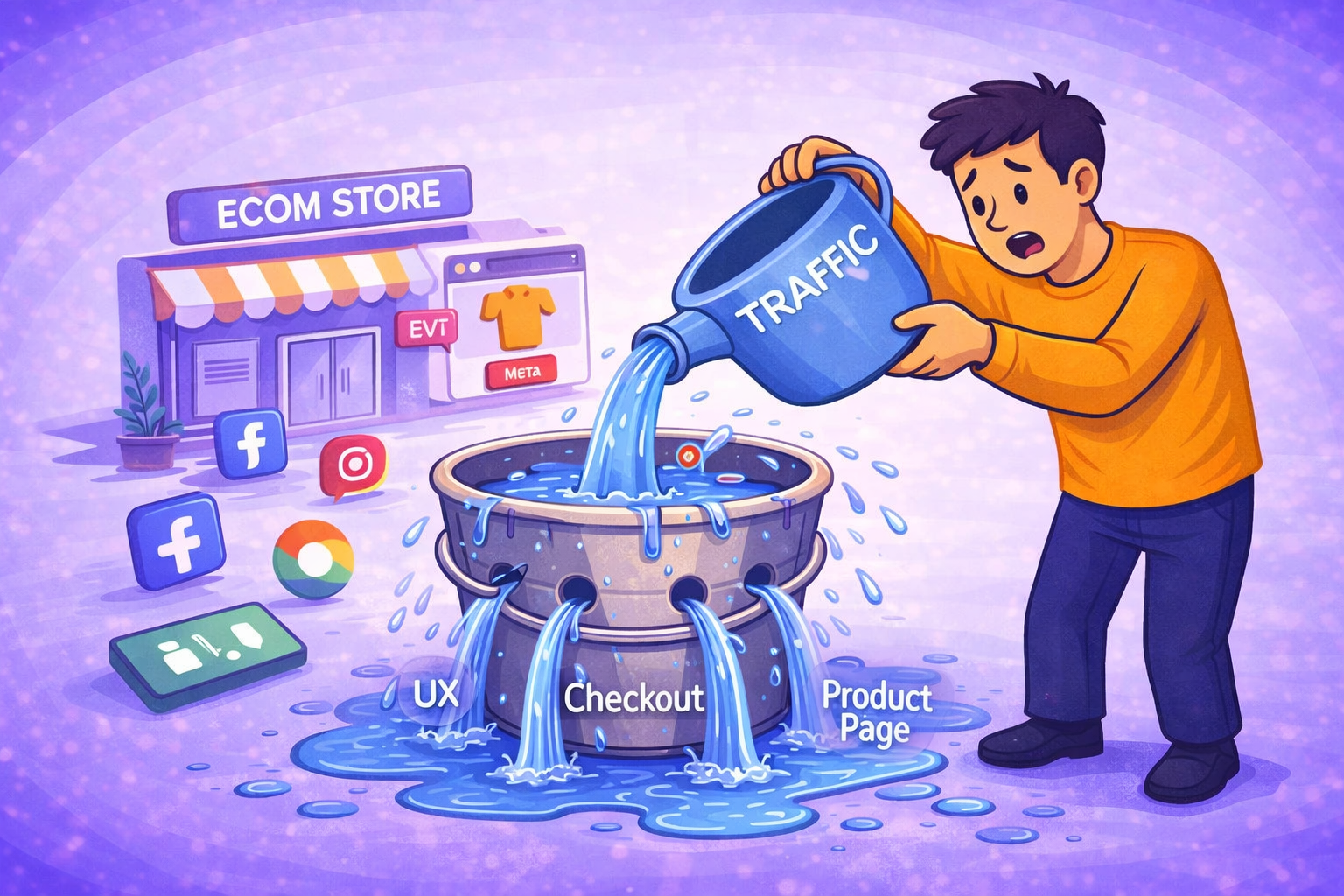 Ecommerce store losing conversions as traffic leaks from poor UX, checkout and product pages