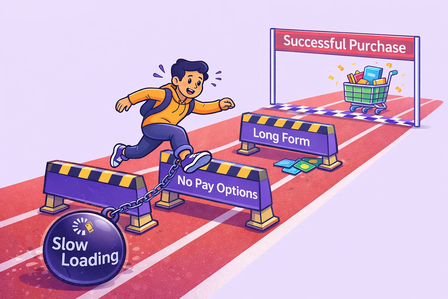 Ecommerce checkout process with obstacles like slow loading, long forms and missing payment options blocking purchase