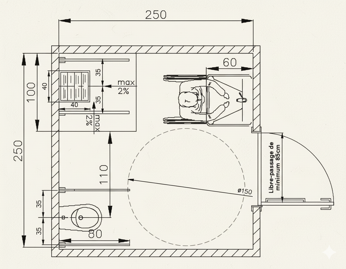 plan d'une douche dans une salle de bain PMR