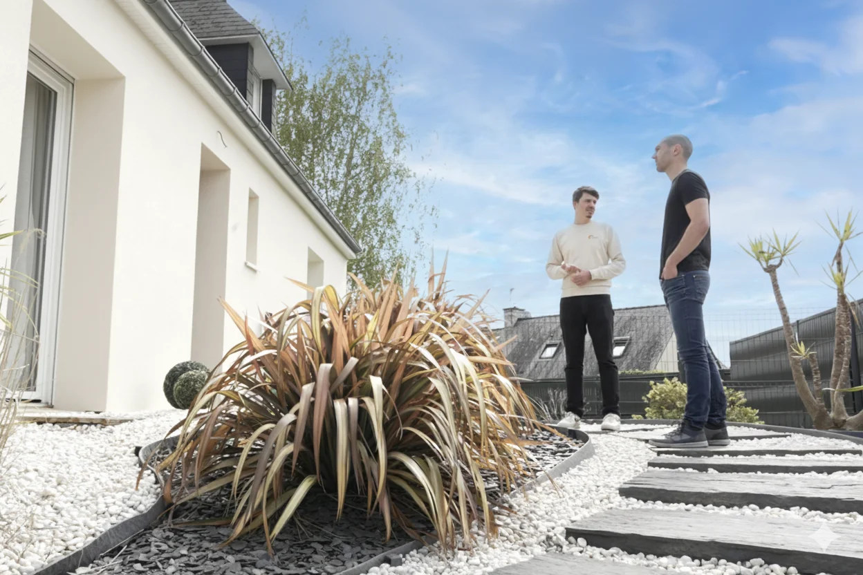 Photo de Renan, thermicien chez Aid'habitat en train de donner des conseil à un ménage pour leur projet de rénovation énergétique