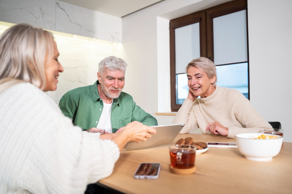 Trois personnes âgées joyeuses sont réunies autour d'une table de cuisine en bois moderne, souriant et riant en partageant un contenu sur l'écran d'une tablette numérique argentée