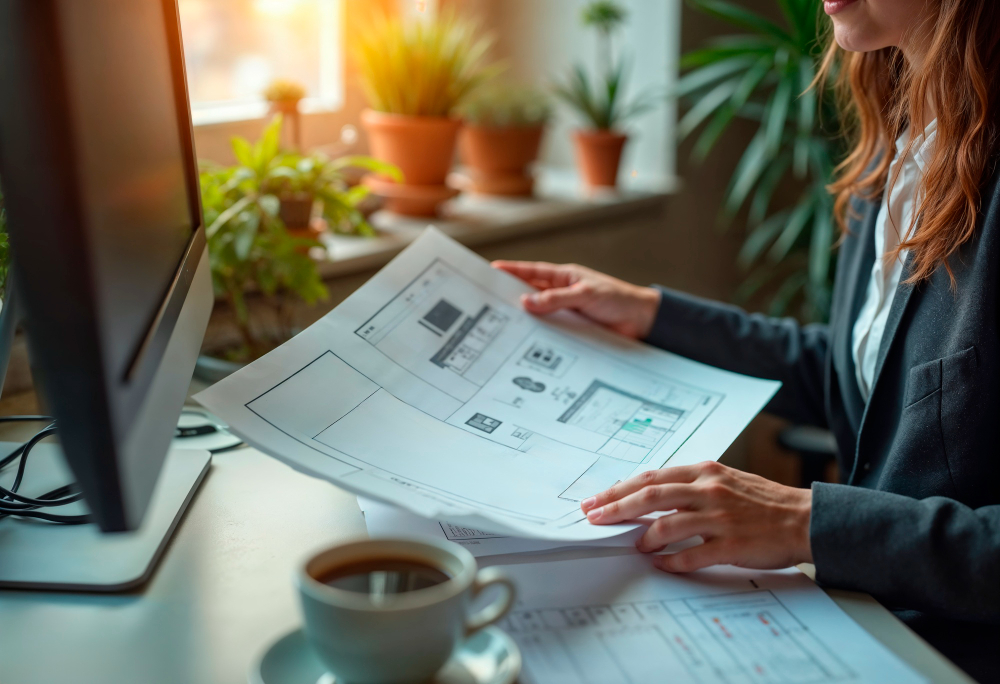 Femme professionnelle en veste tenant et examinant un plan détaillé d'un bâtiment, assise à son bureau ensoleillé avec des plantes.