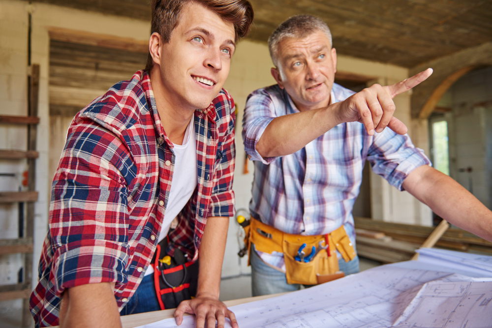 Professionnels étudiant les plans d’un projet de rénovation de maison ancienne