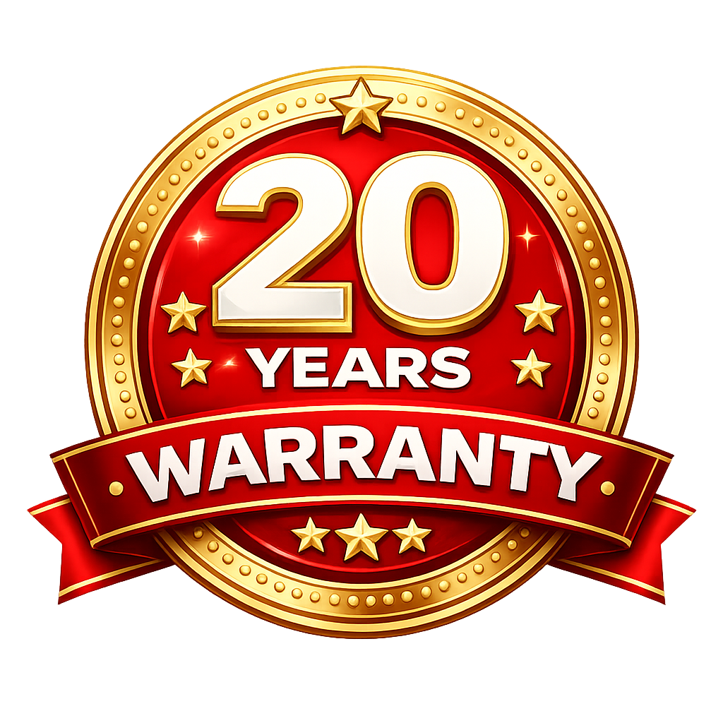 Gold and red badge with stars stating 20 years warranty.