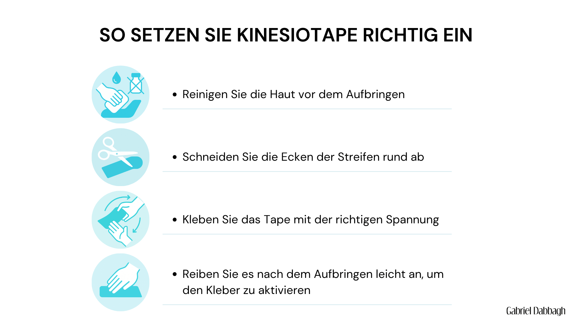  Infografik mit vier Schritten zur richtigen Anwendung von Kinesiotape: Haut reinigen, Ecken abrunden, Tape mit Spannung kleben, danach leicht anreiben zur Aktivierung des Klebers. Jeweils mit passenden Icons illustriert.