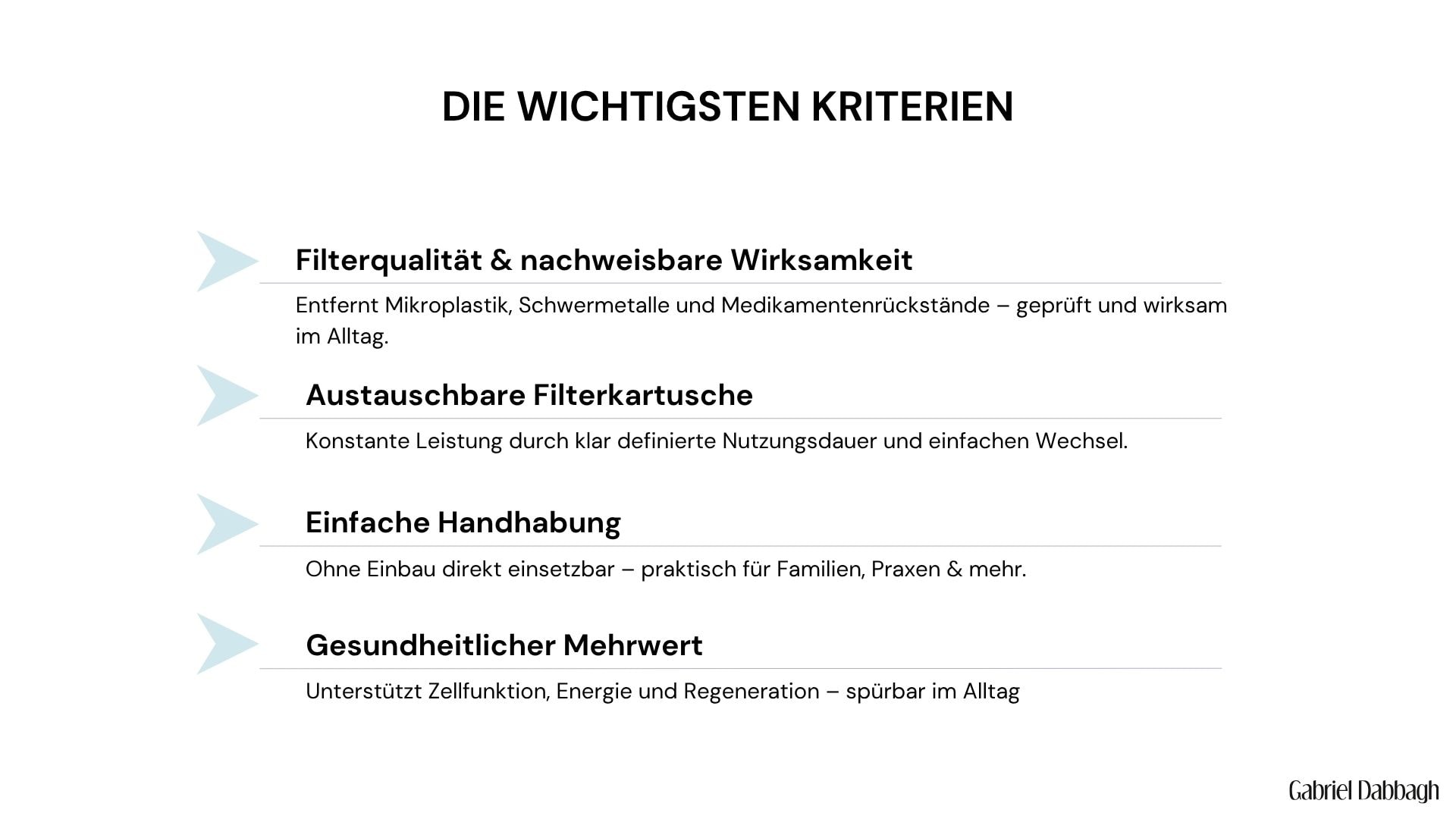 Infografik mit vier Kriterien für Trinkwasserfilter: 1. Filterqualität & Wirksamkeit, 2. Austauschbare Filterkartusche, 3. Einfache Handhabung, 4. Gesundheitlicher Mehrwert – jeweils mit kurzer Beschreibung.