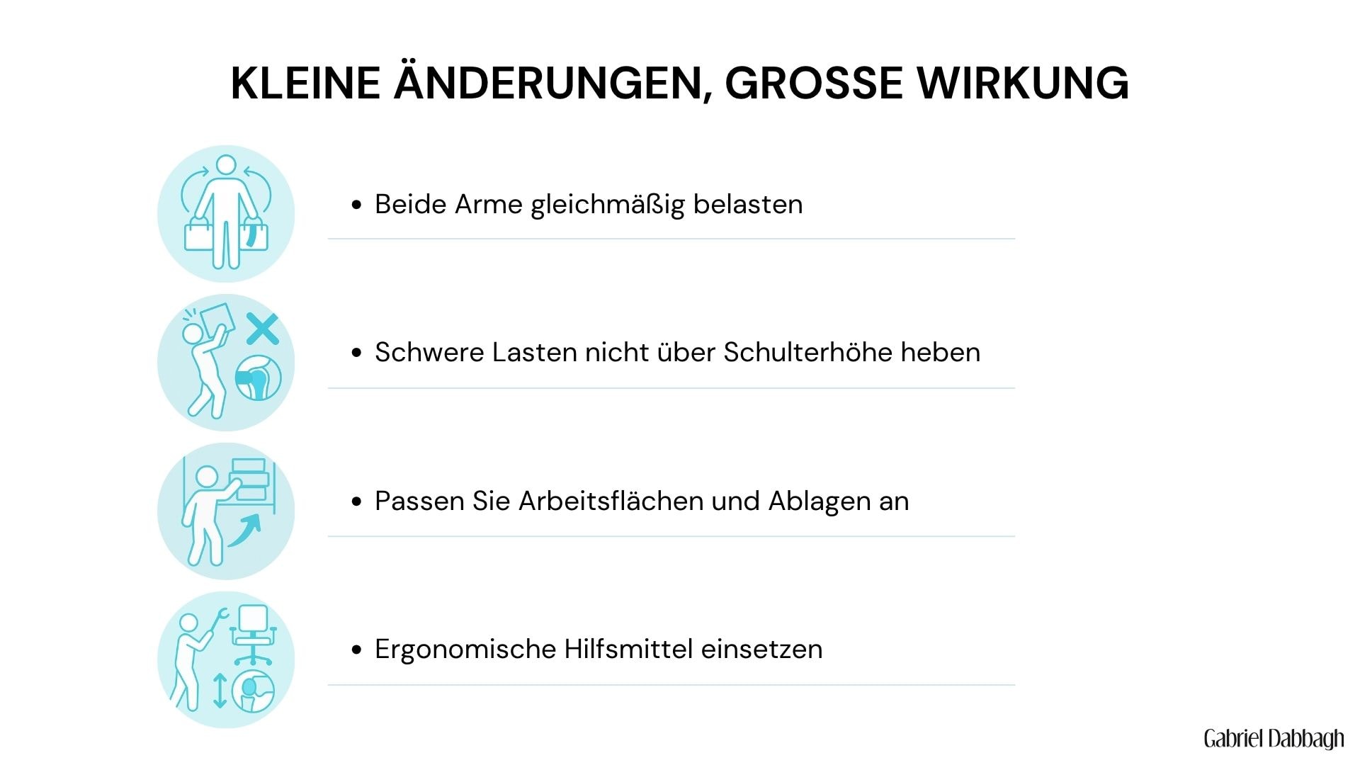 Vier Alltagstipps zur Schulterentlastung mit passenden Icons in einer Grafik dargestellt. Tragen, Heben, Erreichen, Ergonomie