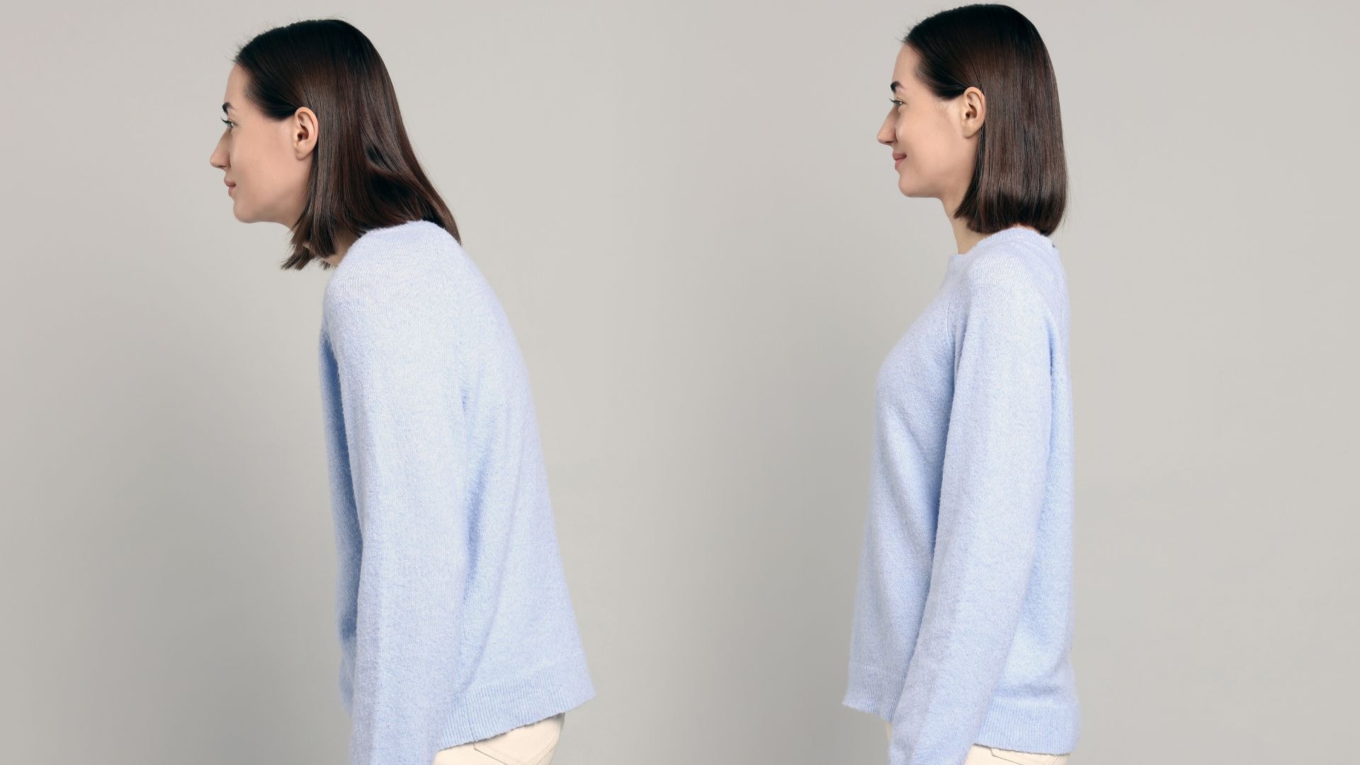 Haltung verbessern Titelbild. Vorher-Nachher-Vergleich: Schlechte vs. aufrechte Körperhaltung bei einer Frau im Profil