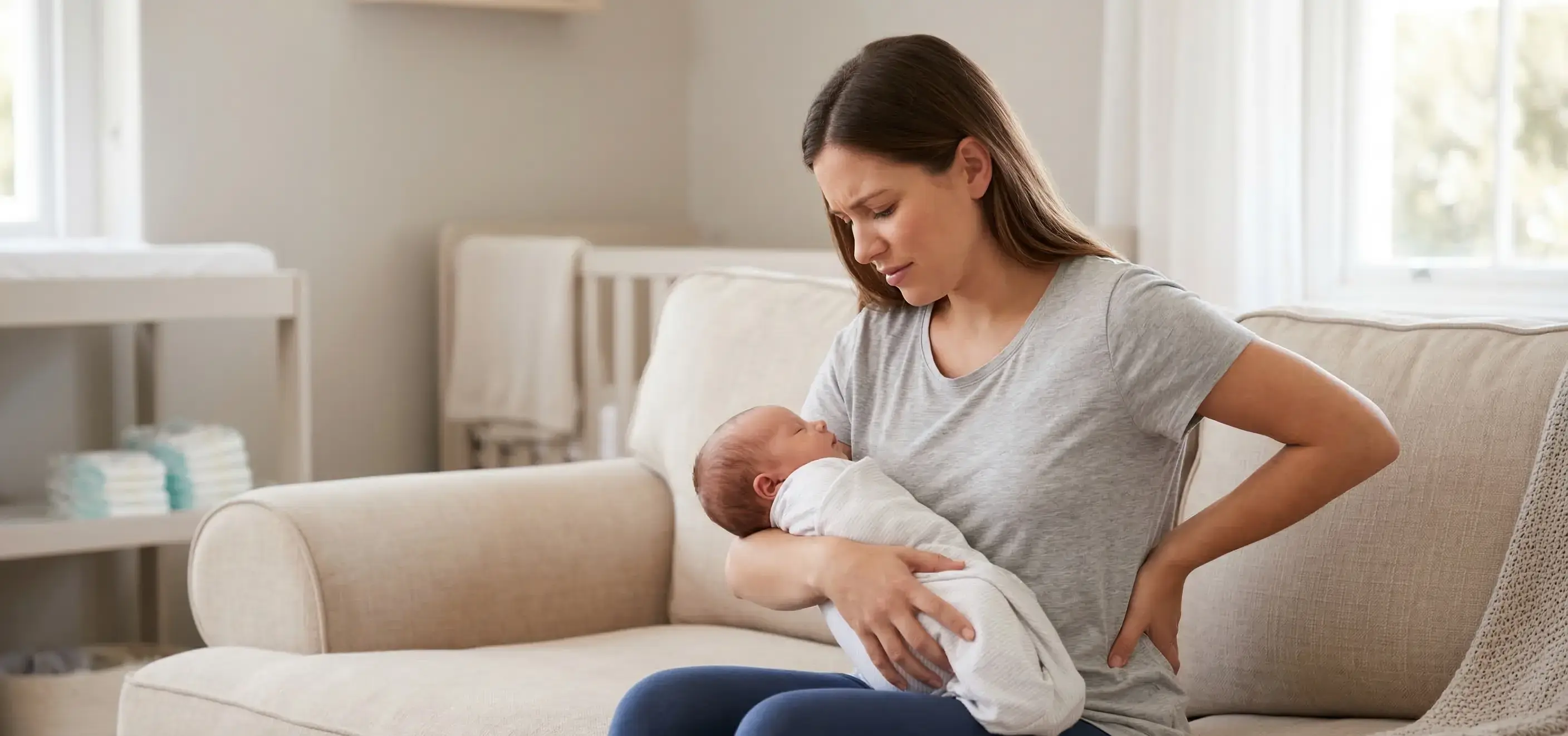Junge Mutter sitzt mit Baby auf dem Sofa und greift sich an den schmerzenden unteren Rücken, typisch für Rückenschmerzen nach der Geburt.