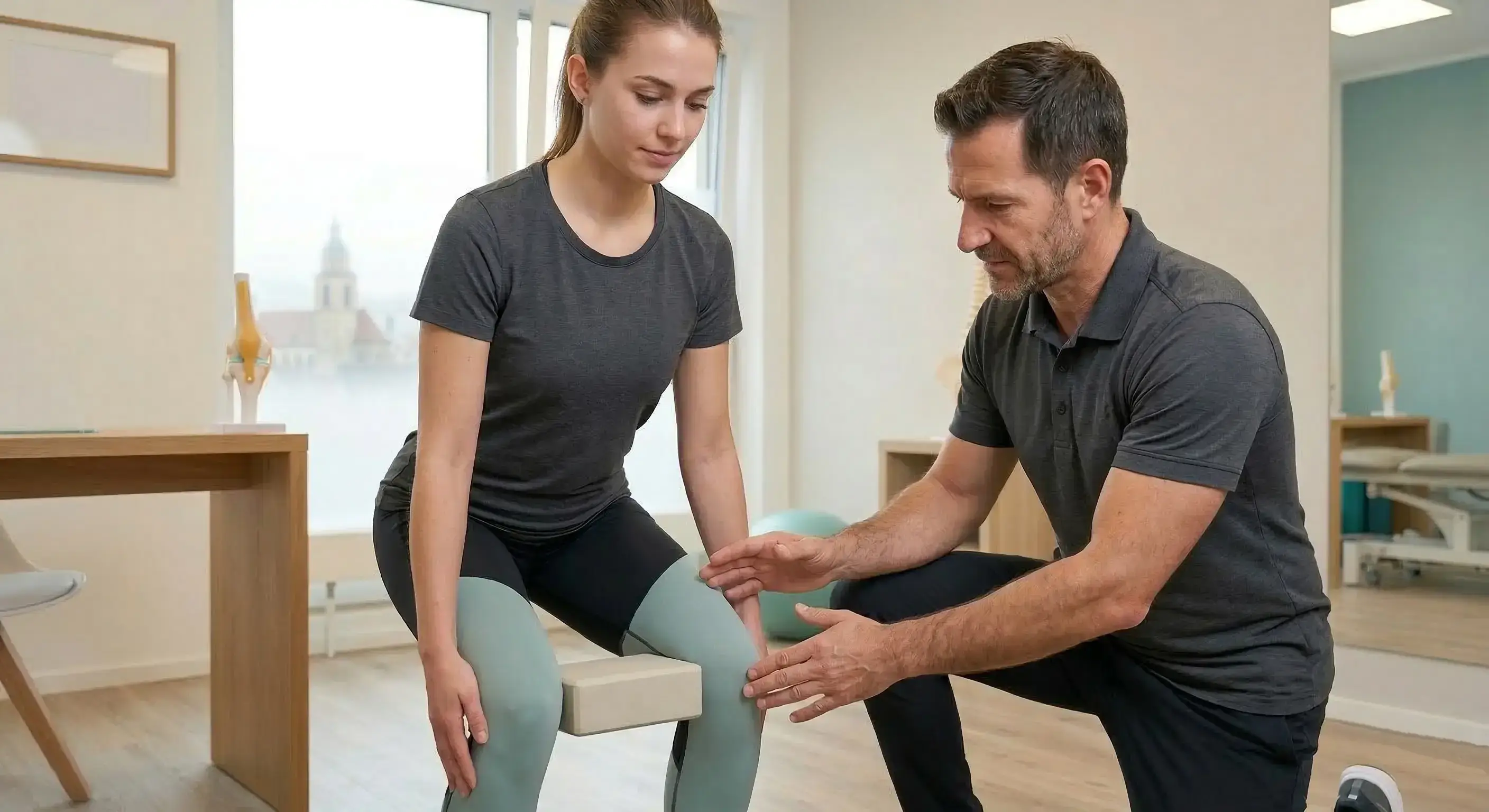 Eine junge Frau sitzt in einer hellen Physiotherapiepraxis auf einem grauen Yoga-Block und drückt ihn mit ihren Beinen zusammen. Ein Physiotherapeut hockt daneben und korrigiert die Haltung ihrer Knie. Im Hintergrund sind anatomische Modelle und ein Fenster mit Blick auf eine Stadtkulisse zu sehen.