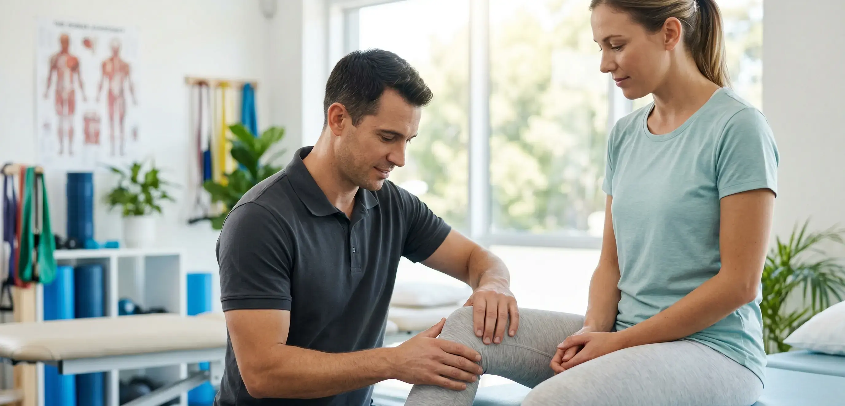 Physiotherapeut untersucht behutsam das Knie einer Patientin auf der Behandlungsliege. Professionelle Physiotherapie und Nachsorge nach einer Knie-OP zur Unterstützung der Wundheilung.