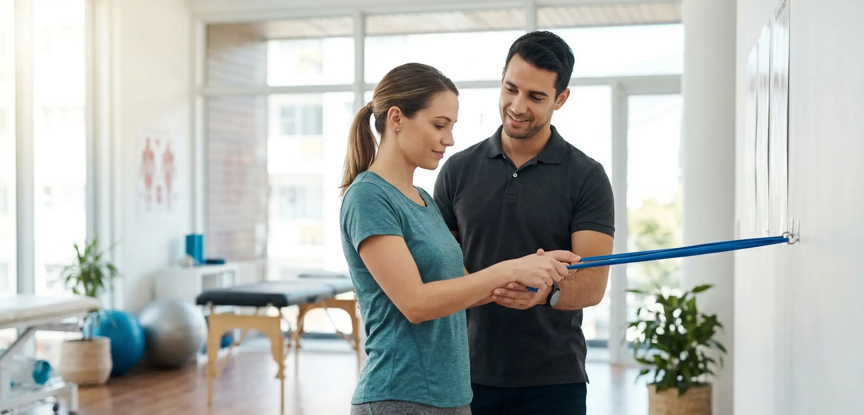 Physiotherapeut unterstützt Patientin bei Rehabilitationsübungen. Professionelle Physiotherapie nach einer Operation zur Verbesserung der Beweglichkeit und Heilung.