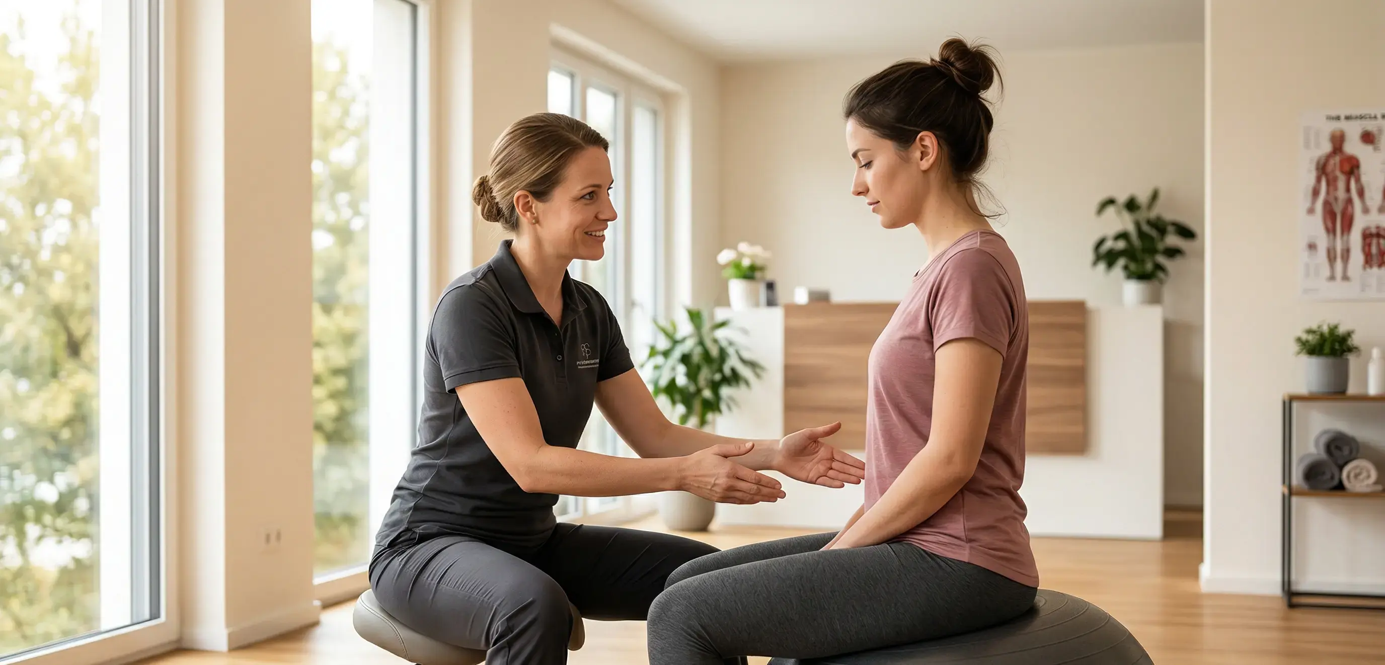 Physiotherapeutin leitet eine Patientin in einer modernen Praxis bei Beckenbodenübungen auf einem Gymnastikball an, um die Körpermitte und Haltung nachhaltig zu stärken.