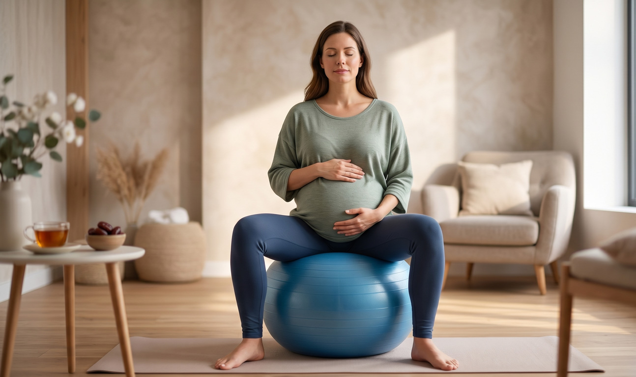 Eine schwangere Frau sitzt mit geschlossenen Augen und entspanntem Gesichtsausdruck auf einem großen, blauen Gymnastikball. Ihre Hände ruhen sanft auf ihrem Babybauch. Sie befindet sich in einem hellen, modern eingerichteten Raum mit warmen Naturtönen. Im Hintergrund sind ein gemütlicher Sessel und ein kleiner Beistelltisch mit einer Tasse Tee und einer Schale Datteln zu sehen.