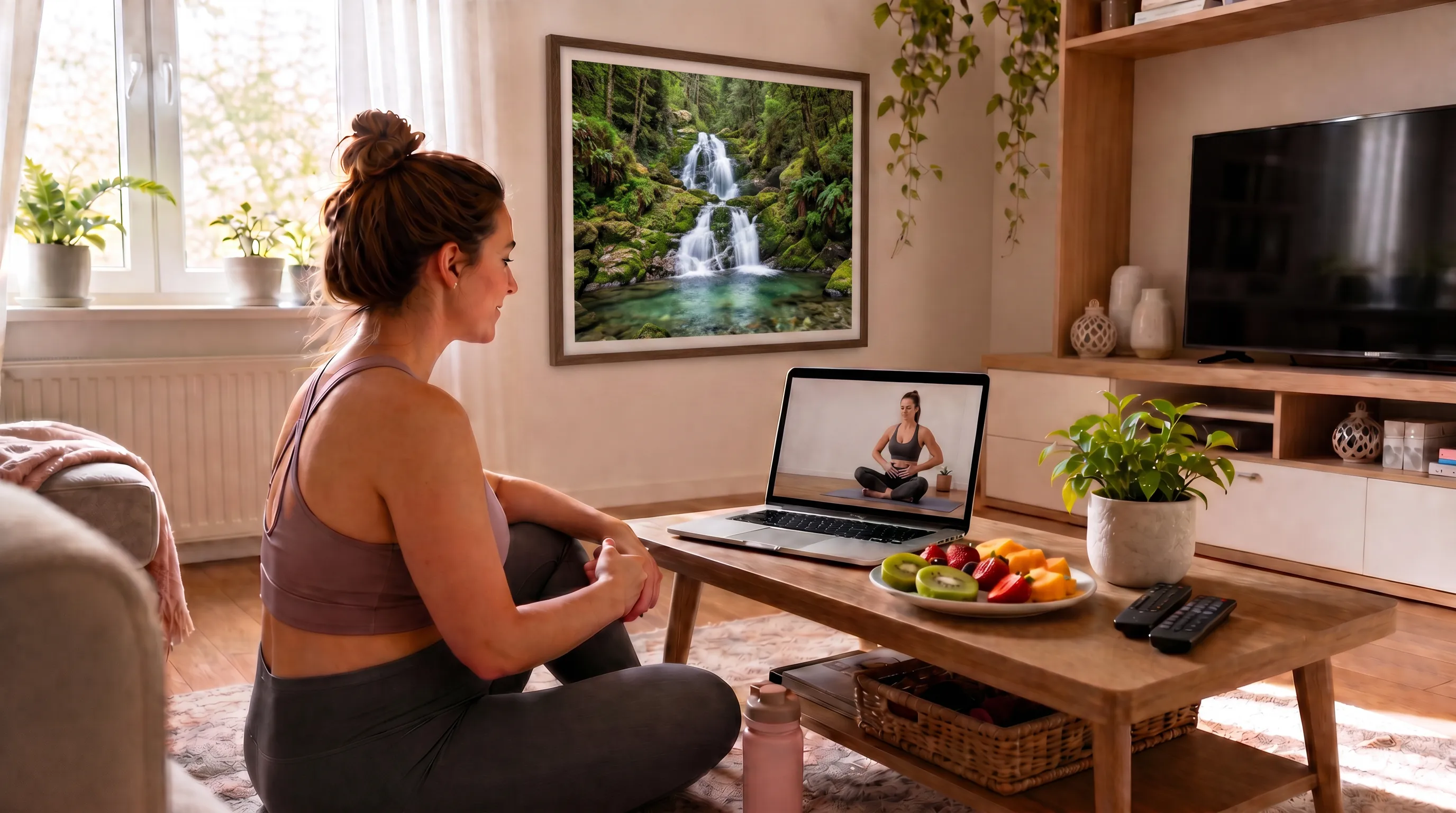 Eine junge Mutter absolviert zu Hause vor dem Laptop ein angeleitetes Online-Rückbildungstraining zur Stärkung der Rumpf- und Bauchdecke nach der Geburt.