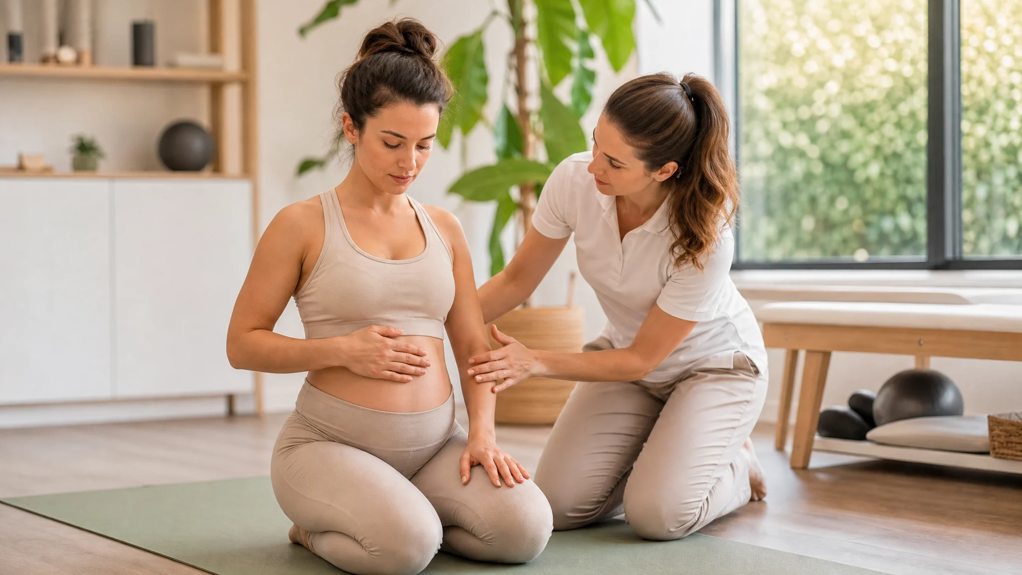 Eine schwangere Frau trainiert unter professioneller Anleitung einer Physiotherapeutin die Aktivierung der tiefen Bauchmuskeln zur Vorbeugung einer Rektusdiastase.